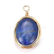 Natural Lapis Lazuli Pendants, Wire Wrapped Pendants, with Light Gold Plated Eco-Friendly Copper Wire, Oval, Dyed, 21~24x13~14x6~6.5mm, Hole: 1.5~2.5mm(X-PALLOY-JF00467-04)