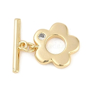 Brass Micro Pave Clear Cubic Zirconia Toggle Clasps, Flower, Real 18K Gold Plated, Flower: 14.5x14x2.5mm, Hole: 1.2mm, Bar: 17x4.5x2mm, Hole: 1.4mm(KK-K391-19G)