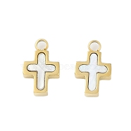 Natural Shell Charms, Ion Plating(IP) 304 Stainless Steel Religion Cross Charms, Manual Polishing, Real 18K Gold Plated, 10.5x6.5x2.5mm, Hole: 1.6mm(STAS-P366-19G)