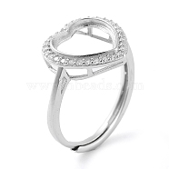 Heart Adjustable 925 Sterling Silver Ring Components, with Cubic Zirconia, Open Bezel Setting, Real Platinum Plated, US Size 6 3/4(17.1mm)(STER-G042-03P)