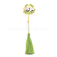 Panda Brass Bookmark with Tassel for Reader, Hollow-out Chinese Ancient Hand Fan Shape Bookmark, Light Gold, Green Yellow, 220mm(AJEW-WH0029-60)