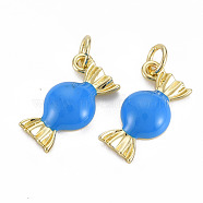 Brass Enamel Charms, with Jump Rings, Cadmium Free & Nickel Free & Lead Free, Real 16K Gold Plated, Candy Shape, Dodger Blue, 9.5x16x4mm, Jump Ring: 4.8x0.6mm, 3.6mm inner diameter(ENAM-S128-001K-NR)