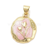 Rack Plating Brass Enamel Pendants, Long-Lasting Plated, Cadmium Free & Lead Free, Real 18K Gold Plated, Oval with Tulip Charm, Pink, 20.2x16x4mm, Hole: 5x3.5mm(KK-Z064-02G-01)