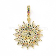Brass Micro Pave Cubic Zirconia Pendants, Real 18K Gold Plated, Flower with Eye Charms, Colorful, 35.5x32x5mm, Hole: 12x4.5mm(KK-E068-VF005)