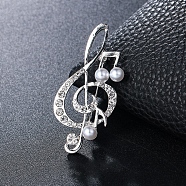 Crystal Rhinestone Music Note Brooch Pin with Imitation Pearl Beaded, Alloy Badge for Backpack Clothes, Platinum, 54x25mm(MUSI-PW0002-014B)