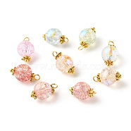 Electroplate Crackle Glass Bead Pendants, Round, with Tibetan Style Alloy Daisy Spacer Beads and Brass Ball Head Pins, Golden, Mixed Color, 15x8mm, Hole: 1.8mm(PALLOY-JF01141)