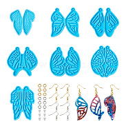 Pet 7Pcs 7 Style Butterfly DIY Pendant Silicone Molds, for Earring Making, with Brass 120Pcs Open Jump Rings & 60Pcs Earring Hooks, 100Pcs Plastic Ear Nuts, Sky Blue, 53~63x45~59x3~4mm, Hole: 2mm, Inner Size: 55~60x19~27mm, 1Pc/style(DIY-MP0001-15)