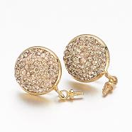 Brass Stud Earring Findings, with Polymer Clay Rhinestones, Flat Round, Golden, 14x6~9mm, Pin: 0.7mm(RB-G158-05C)