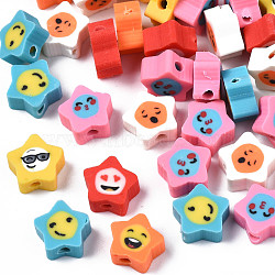 Handmade Polymer Clay Beads, Star with Expression, Mixed Color, 9~10x9.5~10x4.5mm, Hole: 1.6mm(CLAY-N006-47)