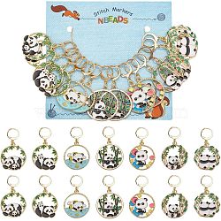 Alloy Enamel Panda Pendant Stitch Markers, Crochet Leverback Hoop Charms, Locking Stitch Marker with Wine Glass Charm Ring, Mixed Color, 4.5cm, 7 style, 2pcs/style, 14pcs/set(HJEW-AB00267)