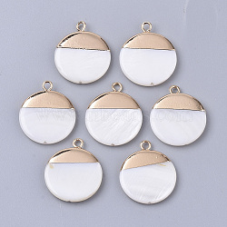 Electroplate Freshwater Shell Pendants, with Top Golden Plated Brass Loops and Half Drilled, Flat Round, Seashell Color, 22x18x3mm, Hole: 0.8~1.8mm(X-SHEL-S276-61B)