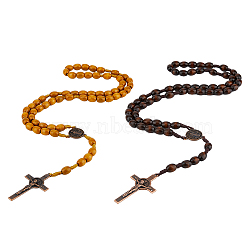 2Pcs 2 Colors Alloy Religion Crucifix Cross Pendant Necklaces Set, Wood Rosary Bead Necklaces, Mixed Color, 24-3/4 inch(63cm), 1pc/color(NJEW-FI0001-38)