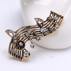 Alloy Brooches, Crystal Rhinestone Pin, Jewelry for Women, Musical Note, Antique Golden, 38x23mm(PW-WG98720-01)