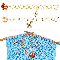 2Pcs 2 Style Bees & Honeycomb Alloy Enamel Beaded Knitting Row Counter Chains, Brass Linking Ring Locking Stitch Marker, Golden, 14~14.7cm, 1pc/style(HJEW-AB00687)