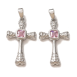 Brass Micro Pave Pink Cubic Zirconia Pendants, Hammered Cross Charms, Platinum, 25x15x3mm, Hole: 4x2.5mm(CU-CBA9AB3-37P)