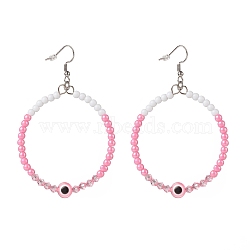 Resin Evil Eye & Acrylic Beaded Big Ring Dangle Earrings, 304 Stainless Steel Jewelry for Women, Hot Pink, 77mm, Pin: 0.6mm(EJEW-JE04999-02)