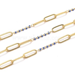 Golden Plated Handmade Enamel Beaded Chains, Brass Paperclip Chains, Long-Lasting Plated, Soldered, with Spool, Blue, Link: 15x5x0.7mm and 5x1.7x2mm, about 32.8 Feet(10m)/roll(CHC-H101-01G-L)