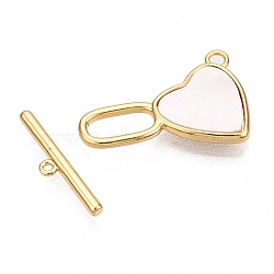 Brass Toggle Clasps, with Shell, Heart, Real 18K Gold Plated, 21.5x13.5x2.5mm, Hole: 1.8mm, Bar: 3.5x18x1.5mm, Hole: 1.2mm(KK-N254-139G)