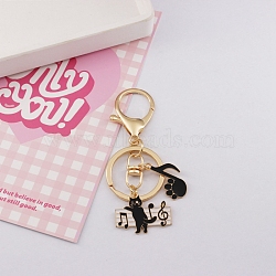 Zinc Alloy Enamel Cat with Piano & Musical Note Pendant Keychain, for Bag Car Key Decoration, Black, 9cm(PW-WG11132-02)