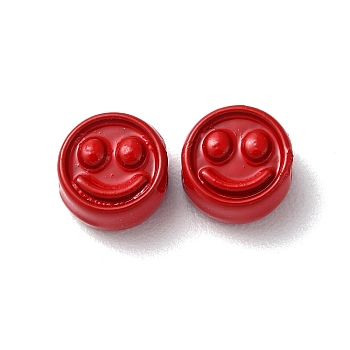 Spray Painted Alloy Beads, Flat Round with Smiling Face, FireBrick, 7.5x4mm, Hole: 2mm
