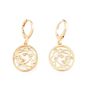Clear Cubic Zirconia Abstract Face Dangle Leverback Earrings, Brass Jewelry for Women, Cadmium Free & Nickel Free & Lead Free, Real 18K Gold Plated, 32.5mm, Pin: 1mm