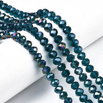 Electroplate Glass Beads Strands, AB Color Plated, Faceted, Rondelle, Teal, 8x6mm, Hole: 1mm, about 63~65pcs/strand, 39~40cm