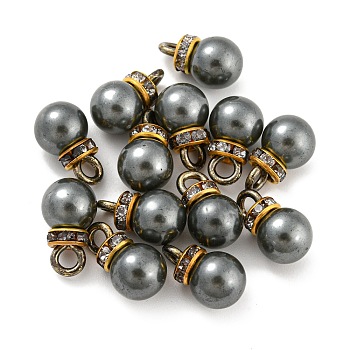 (Defective Closeout Sale: Ring Dyed)ABS Plastic Imitation Pearl Charms, with Resin Rhinestone, Round Charm, Gray, 13x8mm, Hole: 2.5mm