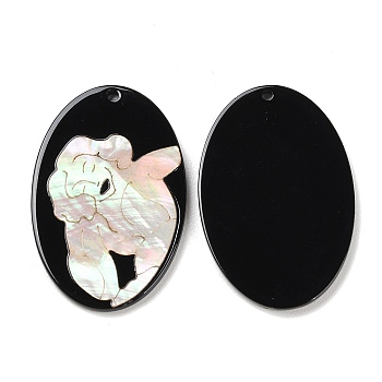 Opaque Smiling Human Pattern Acrylic Pendants, with Shell, Black, Oval, 39.5x26.5x2.5mm, Hole: 1.6mm