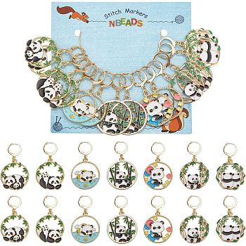 Alloy Enamel Panda Pendant Stitch Markers, Crochet Leverback Hoop Charms, Locking Stitch Marker with Wine Glass Charm Ring, Mixed Color, 4.5cm, 7 style, 2pcs/style, 14pcs/set