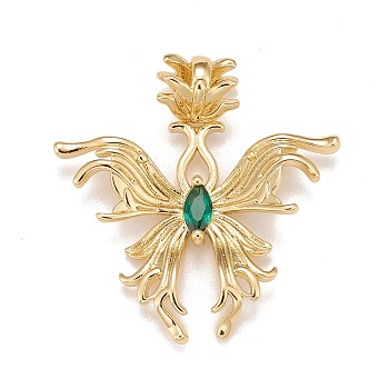 Brass Micro Pave Cubic Zirconia Pendants, Real 18K Gold Plated, Lead Free & Cadmium Free, Butterfly, Green, 26x30x3mm, Hole: 5X3mm