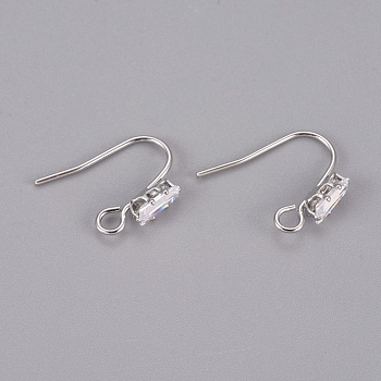 Brass Earring Hooks, Ear Wire, with Clear Cubic Zirconia and Horizontal Loop, Long-Lasting Plated, Real Platinum Plated, 16x13x3.5mm, Hole: 2mm, 20 Gauge, Pin: 0.8mm