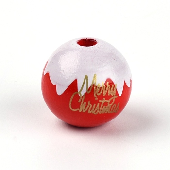 Natural Wood Beads, Christmas Theme, Round with Word Merry Christmas, Red, 19.5x18mm, Hole: 4mm