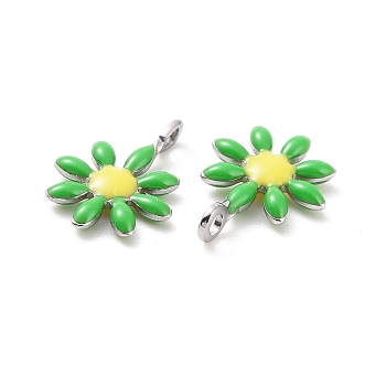 304 Stainless Steel Charms, with Enamel, Stainless Steel Color, Flower, Lime, 10x7.5x2mm, Hole: 1mm