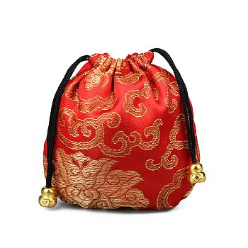 Chinese Style Silk Brocade Jewelry Packing Pouches, Drawstring Gift Bags, Auspicious Cloud Pattern, Crimson, 11x11cm
