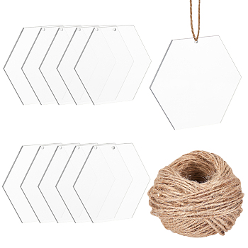 BENECREAT Hexagon Transparent Acrylic Big Pendants, with Jute Twine, Clear, 87.5x101x3mm, Hole: 3mm, 10pcs