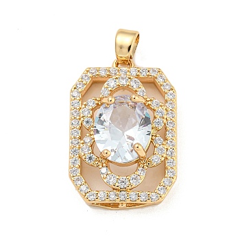 Brass Micro Pave Clear Cubic Zirconia Pendants, with Glass, Rectangle, Clear, 22.5x15x8mm, Hole: 4x2.5mm