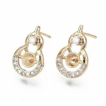 Brass Micro Pave Clear Cubic Zirconia Stud Earring Findings, for Half Drilled Beads, Nickel Free, Gourd Shape, Real 18K Gold Plated, 15x10mm, Pin: 0.7mm, pin: 0.7mm(for half drilled beads)