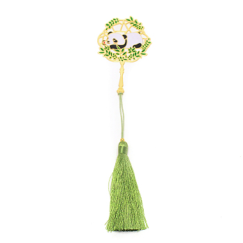 Panda Brass Bookmark with Tassel for Reader, Hollow-out Chinese Ancient Hand Fan Shape Bookmark, Light Gold, Green Yellow, 220mm