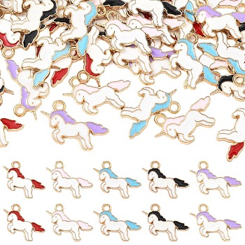 50Pcs 5 Colors Alloy Enamel Pendants, Unicorn, Light Gold, Mixed Color, 20x15x1.5mm, Hole: 1mm, 10pcs/color