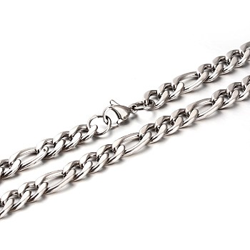 304 Stainless Steel Figaro Chains Necklaces, with Lobster Claw Clasps, Faceted, Stainless Steel Color, 23.8 inch(60.5cm)