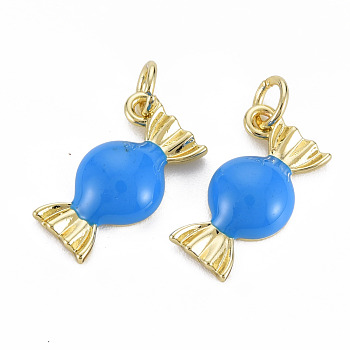 Brass Enamel Charms, with Jump Rings, Cadmium Free & Nickel Free & Lead Free, Real 16K Gold Plated, Candy Shape, Dodger Blue, 9.5x16x4mm, Jump Ring: 4.8x0.6mm, 3.6mm inner diameter