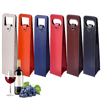 6Pcs 6 Styles Portable PU Leather Single Wine Bottle Tote Carrier Bags, Rectangle, Mixed Color, 9.8~9.9x8.7~9.1x40.6~40.7cm, 1pcs/style