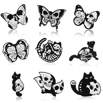 9Pcs 9 Style Skating Enamel Pin, Cartoon Alloy Brooch for Backpack Clothes, Light Gold, Black, 20~29.5x14~34x1.5~2mm, 1pc/style