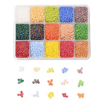 375G 15 Colors 12/0 Grade A Round Glass Seed Beads, Transparent Frosted Style, AB Color Plated, Mixed Color, 2x1.5mm, Hole: 0.8mm, 25g/color, about 25000pcs/box