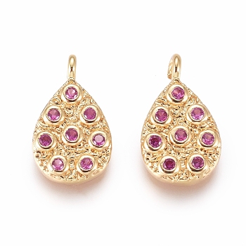 Brass Micro Pave Cubic Zirconia Pendants, Teardrop, Golden, Magenta, 14x8.5x2.5mm, Hole: 1.4mm