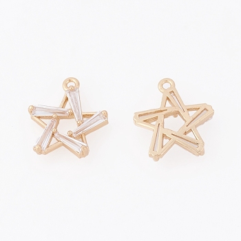 Brass Cubic Zirconia Charms, Star, Clear, Real 18K Gold Plated, 14x13x3mm, Hole: 1.2mm
