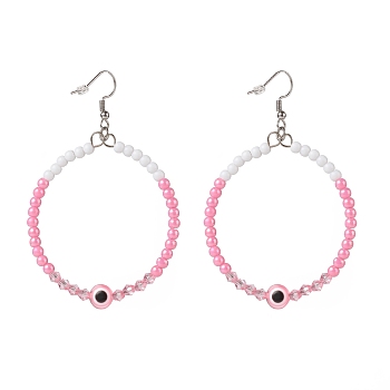Resin Evil Eye & Acrylic Beaded Big Ring Dangle Earrings, 304 Stainless Steel Jewelry for Women, Hot Pink, 77mm, Pin: 0.6mm