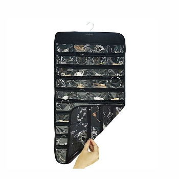 Non-Woven Fabrics Jewelry Hanging Bag, Wall Shelf Wardrobe Jewelry Roll, with Rotating Hook and Transparent PVC 80 Grids, Rectangle, Black, 84.5x42.5x0.4cm