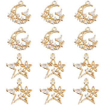 Nbeads 12Pcs 2 Styles Brass Micro Pave Cubic Zirconia Pendants, Mixed Shapes, Real 18K Gold Plated, 6pcs/style