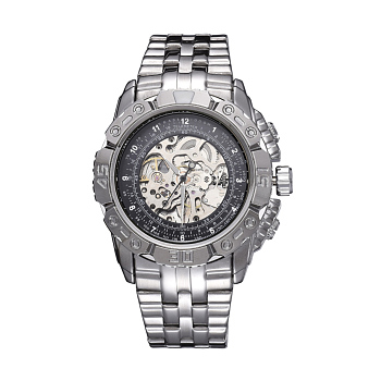 Alloy Watch Head Mechanical Watches, with Stainless Steel Watch Band, Stainless Steel Color, Black, 70x22mm, Watch Head: 55x52x17.5mm, Watch Face: 34mm